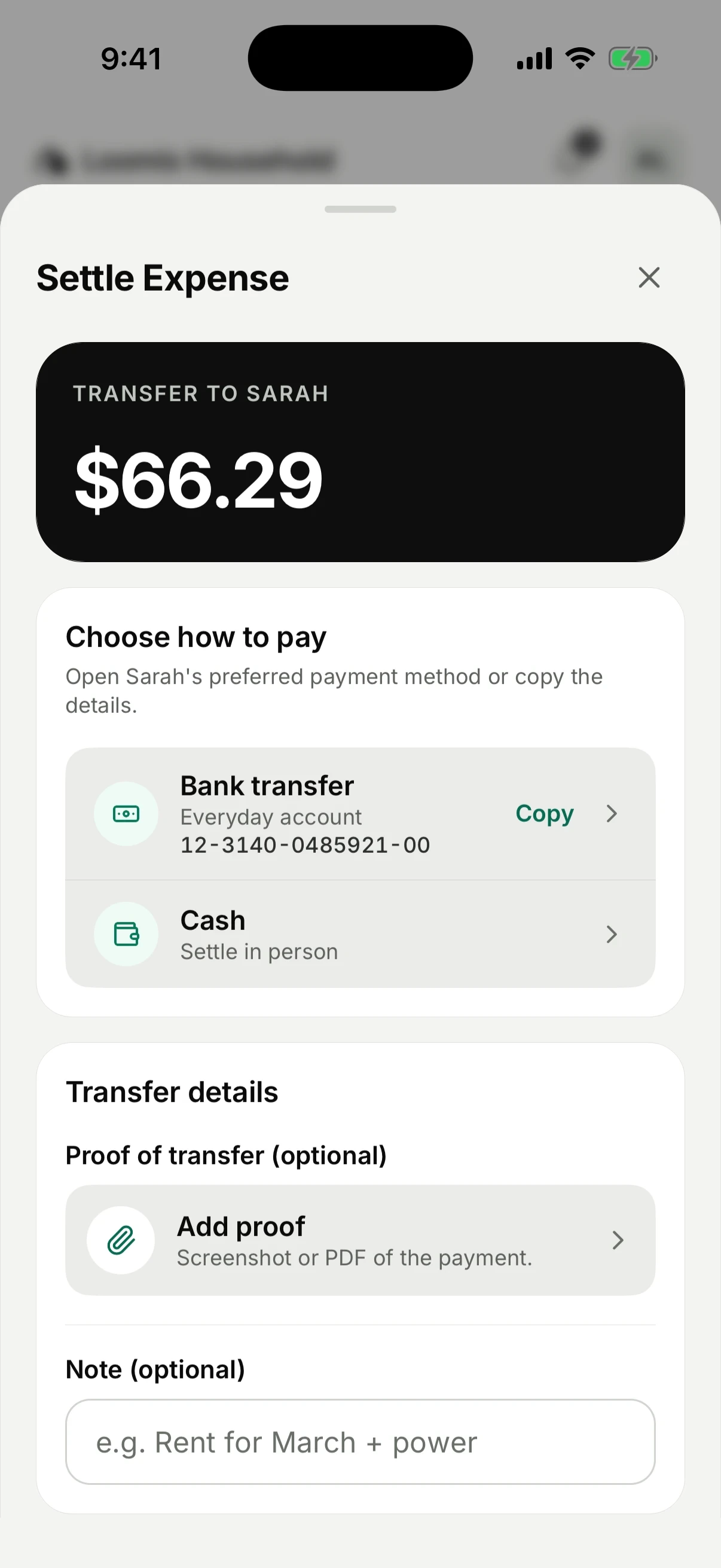 The JustSaying Settle sheet: a near-black card reading “Transfer to Sarah, $66.29”, then Sarah’s payment options (her bank account number with a Copy button, or cash in person), an optional proof of transfer, and a note field.